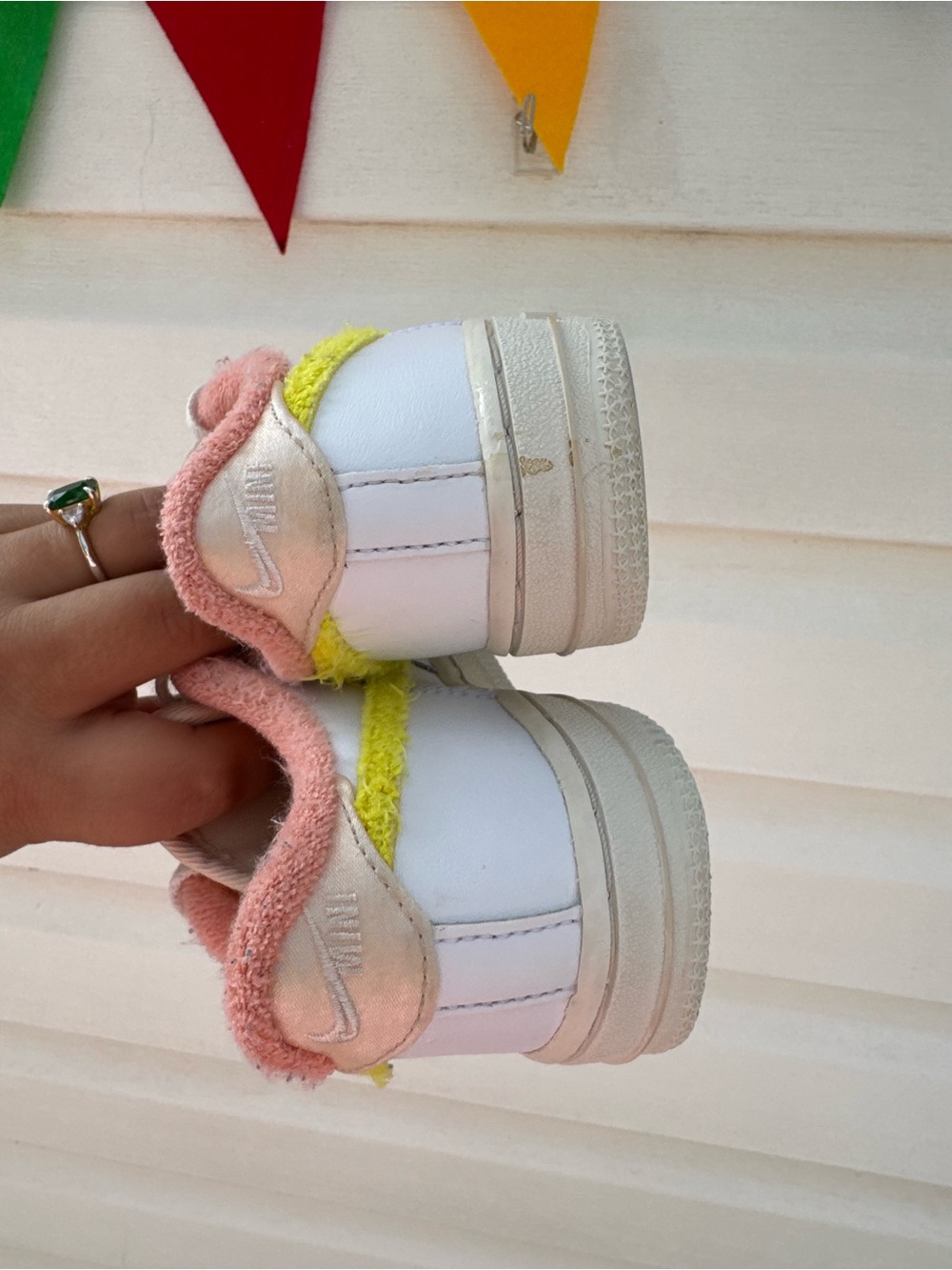 Nike Kids White Sneakers with Yellow Swoosh and Pink Collar - Picture 7 of 8
